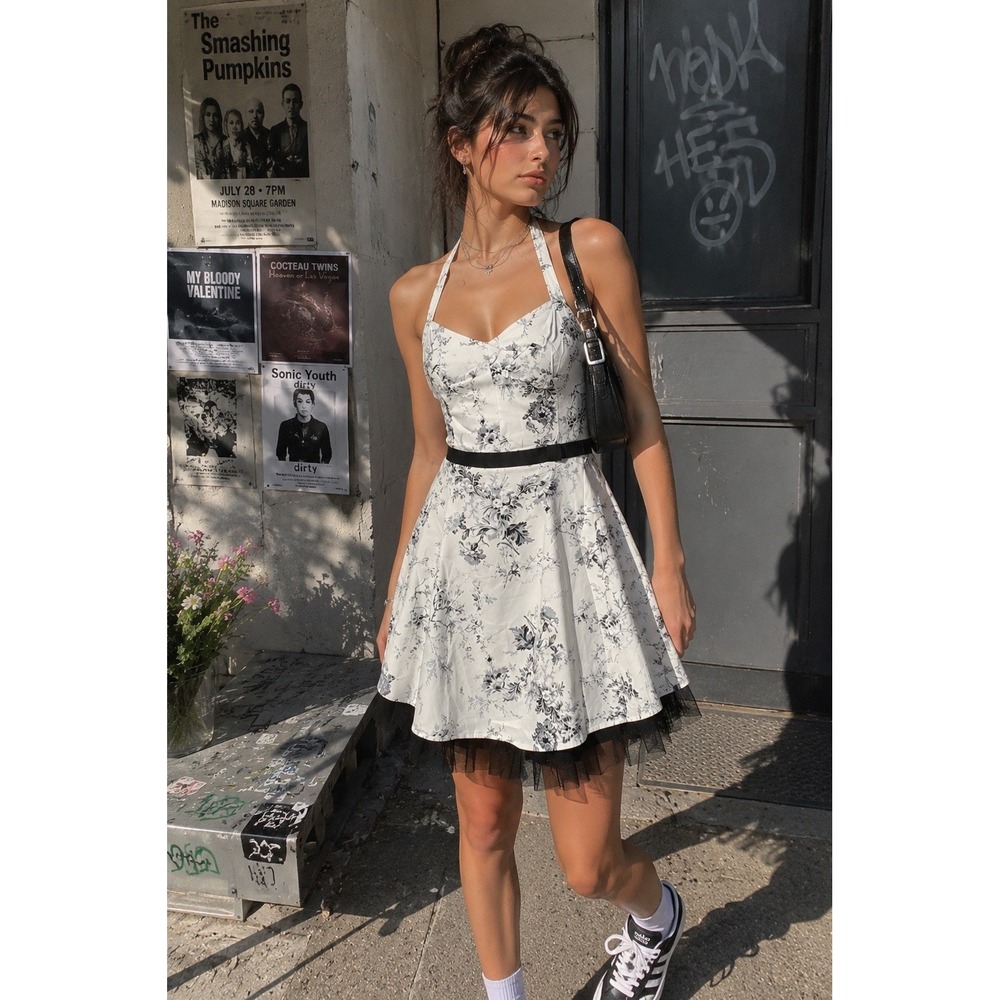 Vtg Y2K 90's City Triangles Floral‎ Halter Mini Jrs 9 Dress Black Lace Trim